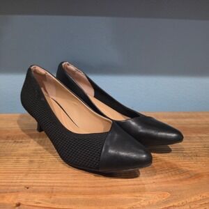 Hush Puppies Women's Gilly Pump Black Leather Knit Pointed Toe Kitten Heel 9